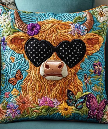 Heart Shades Cow Quilted Pillow Cover — Playful Valentine Farmhouse Accent For Sofa & Bed , Soft Quilting, Easy Care, Cute Gift Idea
