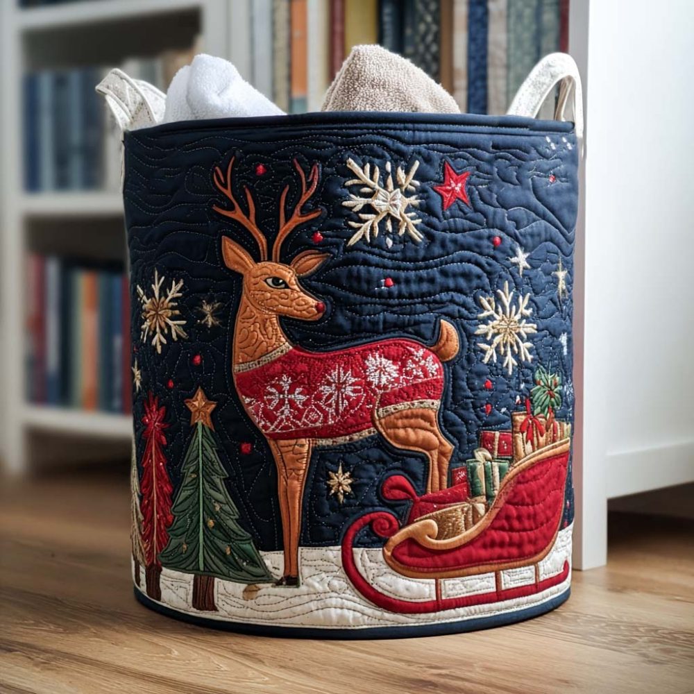 Hearthside Stag Quilted Laundry Hamper - Cozy Stag Motif Collapsible Fabric Basket, Lined & Reinforced For Holiday Home Storage And Presents