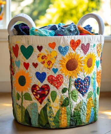 Heartland Love Quilted Laundry Hamper — Country Heart Pattern Collapsible Fabric Basket With Handles, Charming Home Storage