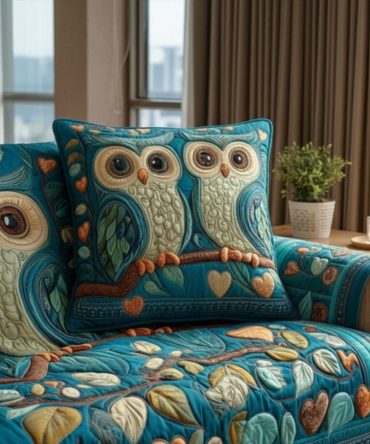 Heartwood Owls Quilted Decorative Pillow Cover — Whimsical Owl Motif Throw Pillow Case For Rustic, Cottage & Woodland Interiors