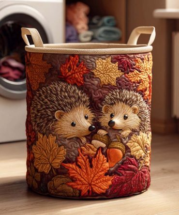 Hedgehog Hideaway Quilted Fabric Hamper - Cute Woodland Hedgehog Design Collapsible Laundry Basket For Kids' Room & Nursery, Easy-Clean