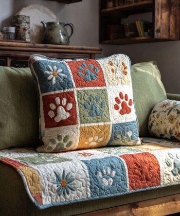 Heirloom Paw Quilted Decorative Pillow Cover — Vintage-Inspired Pet Motif, Classic Quilting, Durable Cotton Blend For Home & Cabin, Machine Washable
