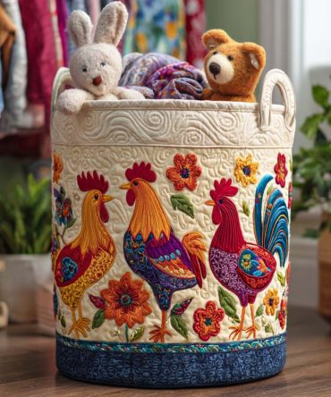 Hen Haven Quilted Laundry Hamper — Farmhouse Chicken-Themed Foldable Laundry Basket With Handles, Rustic Home Organizer