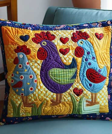 Hen Haven Quilted Pillow Cover - Rustic Charm Decorative Pillowcase, Soft Quilting, Machine-Wash Friendly For Cozy Spaces