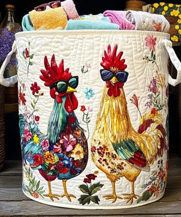 Hen House Harmony Quilted Laundry Hamper - Farmhouse Chicken Print, Collapsible Quilted Storage Basket For Laundry & Home Décor