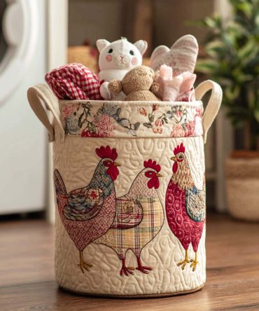Hen Party Quilted Laundry Basket Hamper – Fun Hen Motif Foldable Laundry Bin, Quilted Cotton Organizer For Farmhouse, Kitchen & Kids' Rooms