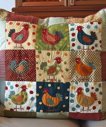 Henhouse Harmony Quilted Pillow Cover — Rustic Henhouse Throw Cushion, Farmhouse Quilted Accent, Soft & Machine Washable