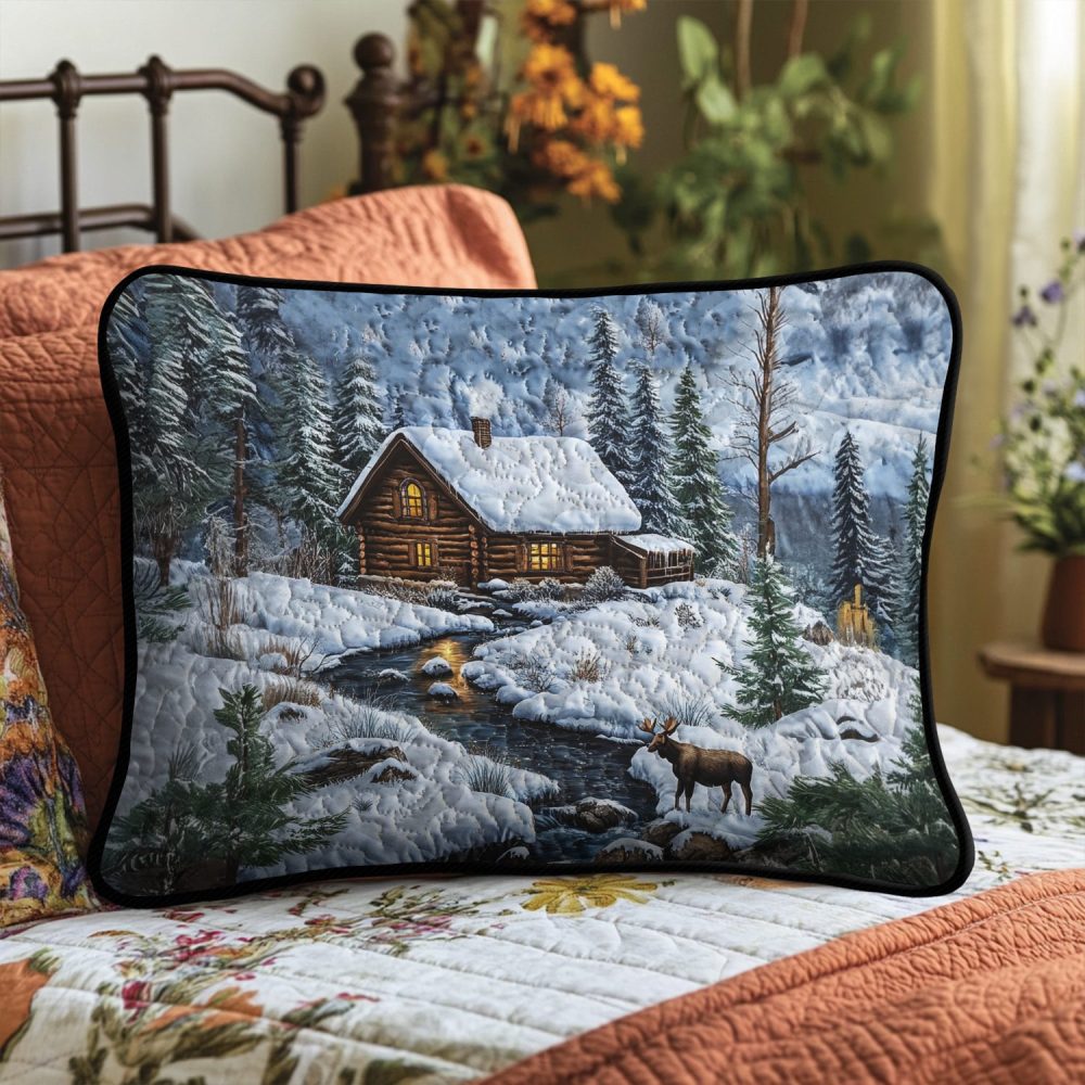 Heritage Log Cabin Quilted Pillow Cover — Rustic Lumberjack Decorative Throw Pillow Case For Country Cabin & Lodge Style