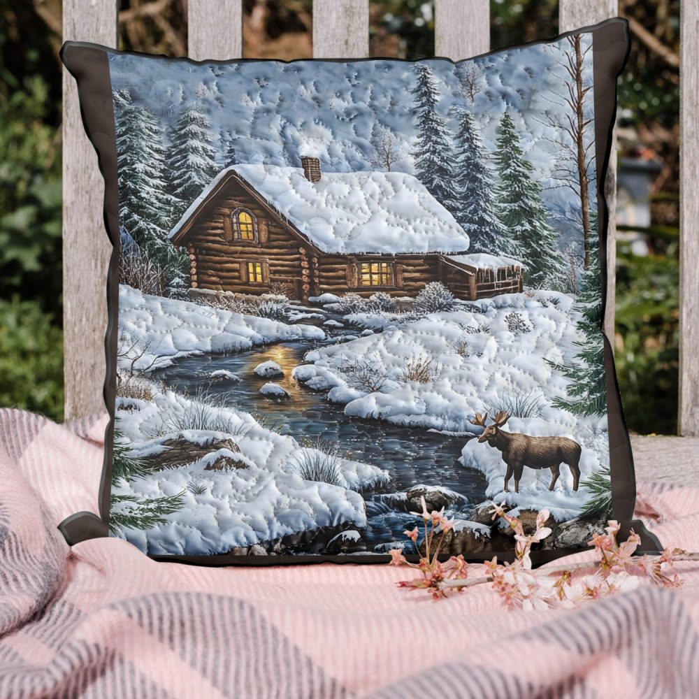 Heritage Log Cabin Quilted Pillow Cover - Classic Americana Cabin Throw Pillowcase For Rustic Lodge & Country Home Decor, Quilted Accent Case - Image 2
