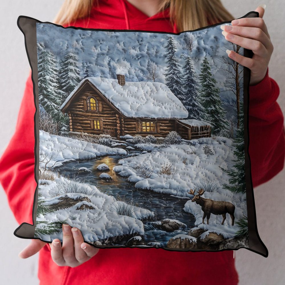 Heritage Log Cabin Quilted Pillow Cover - Classic Americana Cabin Throw Pillowcase For Rustic Lodge & Country Home Decor, Quilted Accent Case
