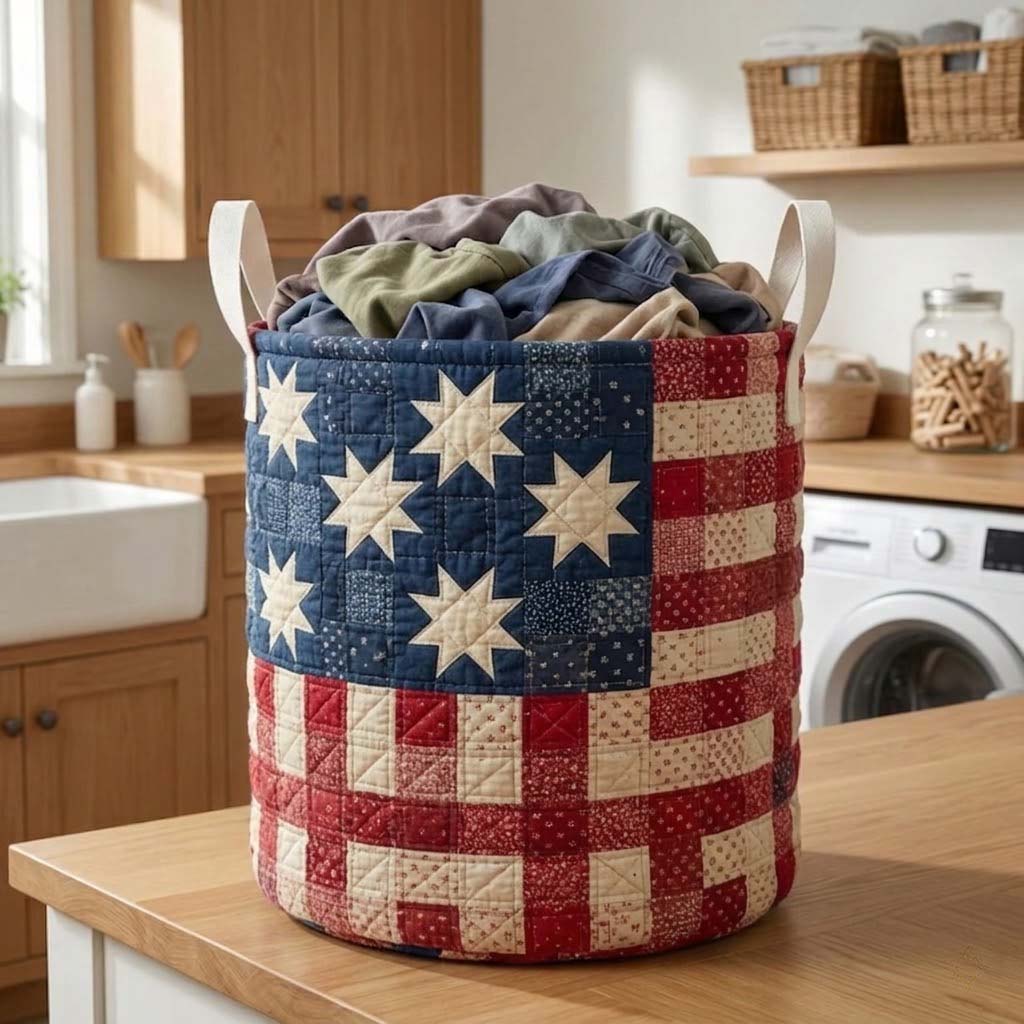 Heritage Star Quilted Laundry Hamper - Traditional Patchwork Design, Foldable Cotton-Feel Fabric Basket With Handles For Classic Home