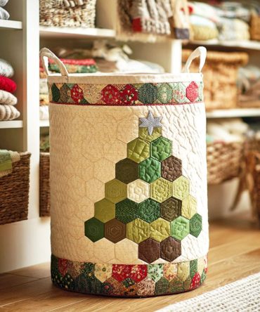 Hexa Evergreen Quilted Laundry Hamper - Modern Geometric Holiday Basket With Foldable Design And Reinforced Carry Handles