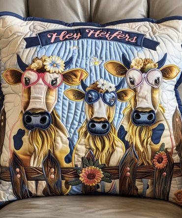 Hey Heifers Farmhouse Quilted Pillow Cover — Playful Cow Print Throw Pillowcase, Durable Cotton For Rustic Home Decor