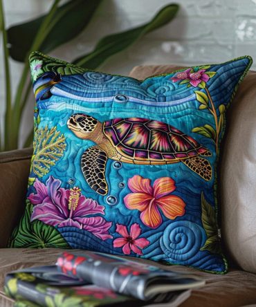 Hibiscus & Sea Turtle Quilted Pillow Cover – Tropical Floral Throw Pillowcase For Beach House And Patio, Soft Quilted Fabric, Machine Wash