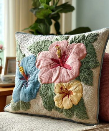 Hibiscus Dream Quilted Pillow Cover - Tropical Floral Throw Pillowcase For Island-Inspired, Coastal & Summer-Ready Interiors