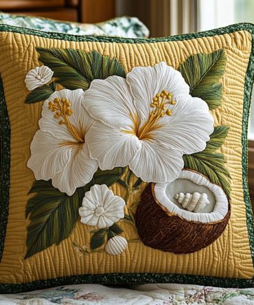 Hibiscus Bloom Delight Quilted Accent Pillow Cover - Tropical Floral Throw Pillowcase, Soft Cotton Blend, Reversible & Machine Friendly