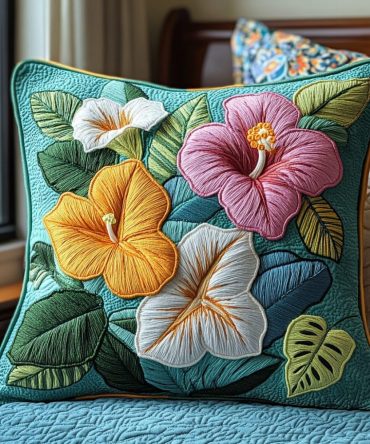 Hibiscus Harmony Quilted Decorative Pillow Cover - Classic Floral Throw Pillowcase For Coastal & Boho Interiors, Soft Cotton Blend