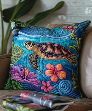Hibiscus & Sea Turtle Quilted Pillow Cover — Tropical Floral Throw Pillowcase For Coastal, Beach House & Summer Living Spaces