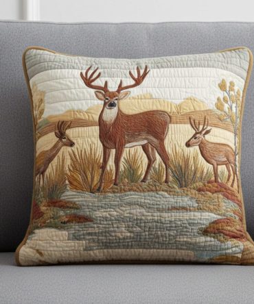 Hidden Deer Quilted Pillow Cover — Woodland Deer Silhouette Throw Case, Rustic Quilted Accent For Cabin, Forest-Themed & Nature Décor
