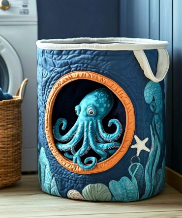 Ocean-Inspired Quilted Laundry Hamper — Hidden Octopus Design, Foldable Fabric Bin With Padded Quilting And Easy-Carry Handles