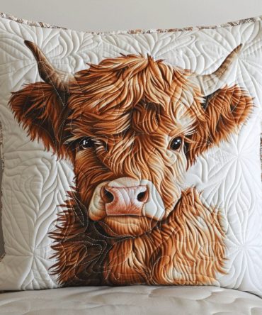 Cozy Highland Cow Quilted Throw Pillow Cover — Rustic Farmhouse Accent For Animal Lovers, Soft Decorative Cushion Case