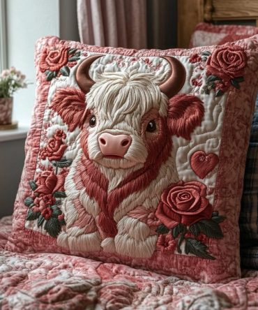 Highland Cow Charm Quilted Throw Pillow Cover — Rustic Cow Illustration, Cozy Quilting, Durable Cotton-Blend Accent For Farmhouse Style
