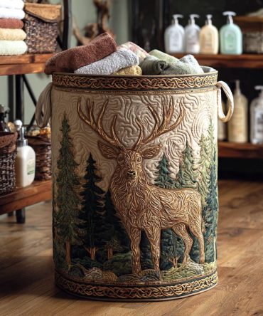 Highland Antler Quilted Laundry Hamper - Rustic Deer & Antler Fabric Basket, Foldable Heavy-Duty Storage For Cabin & Lodge