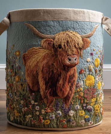 Charming Highland Cow Blooms Quilted Laundry Hamper — Floral Cow-Themed Fabric Basket, Foldable Storage, Durable Handles, Easy Care
