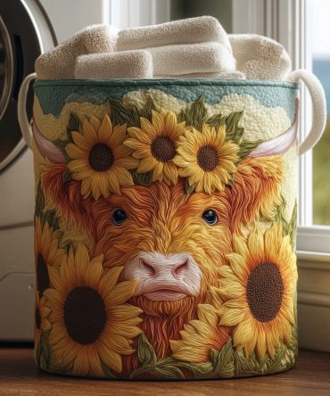 Highland Cow Blossom Quilted Laundry Hamper - Charming Foldable Padded Fabric Basket With Handles For Farmhouse & Cottage Style