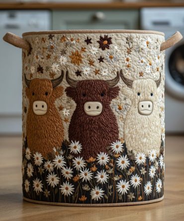 Highland Cow Trio Quilted Laundry Hamper - Rustic Farmhouse Fabric Basket With Handles, Padded Storage Featuring Three Highland Cows For Country Homes