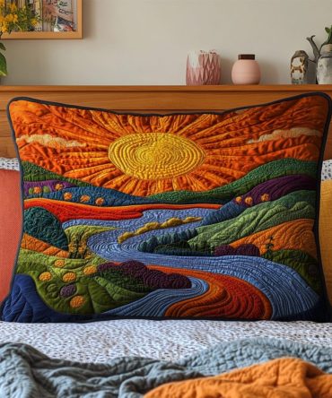 Radiant Hills Quilted Pillow Cover — Scenic Landscape Motif, Plush Stitching, Durable Cotton Blend, Chic Decorative Throw Case