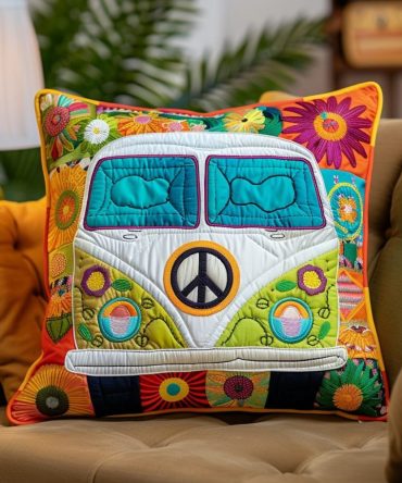 Hippie Van Quilted Throw Pillow Cover — Retro Bus Artwork, Boho Road-Trip Home Accent, Soft Quilted Cotton-Feel Decor