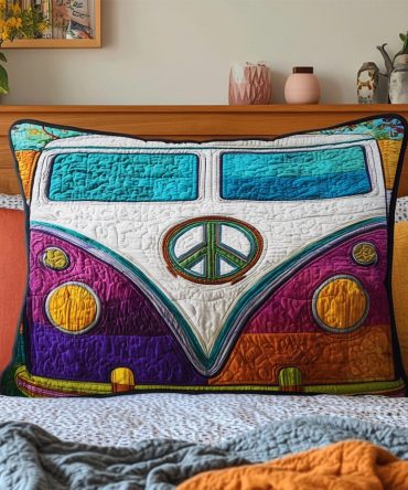 Hippie Drive Quilted Pillow Cover — Retro Boho Decorative Pillowcase With Colorful Pattern, Soft Quilted Texture For Eclectic Living Spaces