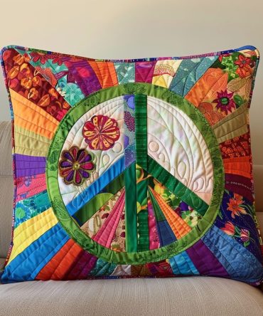 Hippie Harmony Quilted Throw Pillow Case — Vintage-Inspired Boho Pillow Cover With Peaceful Pattern, Soft Textured Finish, Easy Care