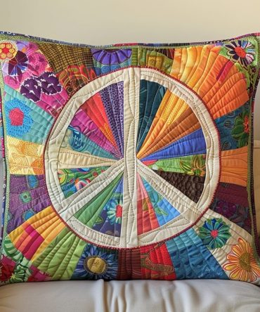 Hippie Sunbeam Quilted Decorative Pillow Cover — Bright Retro Throw Pillow Case With Radiant Stitching For Bohemian Living Spaces
