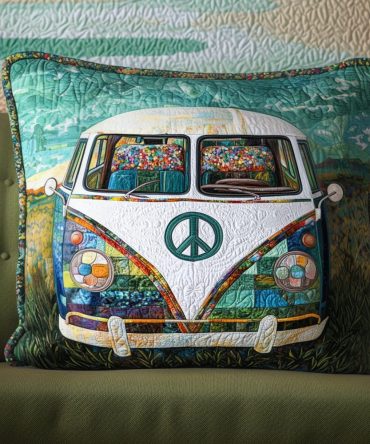 Hippie Van Haven Quilted Pillow Cover - Retro Boho Camper Throw Pillowcase, Colorful Quilted Accent For Bedroom, Camper & Living Room