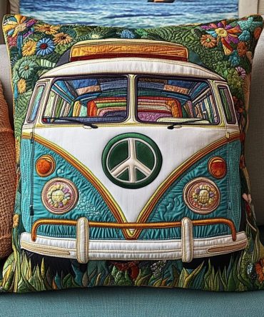 Boho Hippie Van Quilted Decorative Pillow Cover — Retro Camper Accent Throw Sham, Soft Cotton Blend For Couch & Bed