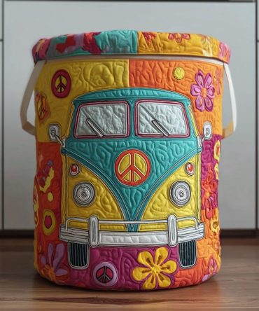 Hippie Journey Boho Quilted Laundry Hamper – Retro Printed Foldable Clothes Basket For Bedroom, Dorm & Nursery , Durable Handles