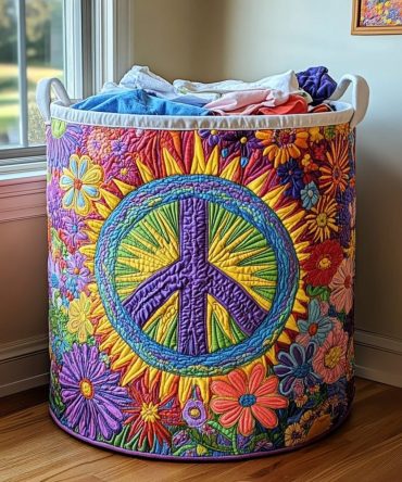 Hippie Peace Quilted Storage Hamper — Retro Peace Sign Collapsible Laundry Basket For Boho, Vintage & Funky Home Organization
