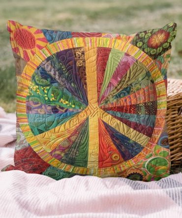 Hippie Sunbeam Quilted Pillow Cover — Retro Summer Sunburst, Colorful Boho Throw Pillowcase In Cotton-Blend For Living Room, Patio & Events