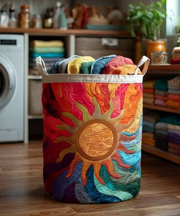 Hippie Sunshine Quilted Laundry Hamper — Vibrant Retro Quilted Laundry Basket With Lightweight Foldable Design & Easy-Carry Handles For Trendy Homes