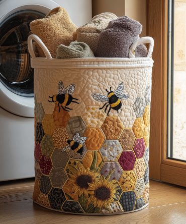 Hive Bloom Quilted Laundry Hamper - Decorative Floral & Honeycomb Laundry Basket, Foldable Fabric Hamper For Home