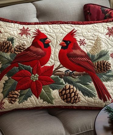 Holiday Blossoms Festive Quilted Pillow Cover - Floral Cotton Pillowcase For Seasonal, Christmas And Winter Holiday Decor Accents
