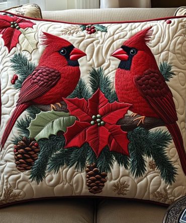Holiday Blossoms Quilted Throw Pillow Cover — Elegant Floral Christmas Cushion Case, Festive Accent For Sofa & Holiday Displays