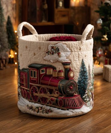 Holiday Express Quilted Storage Hamper — Festive Train-Themed Foldable Laundry Basket, Large Capacity Quilted Organizer With Handles