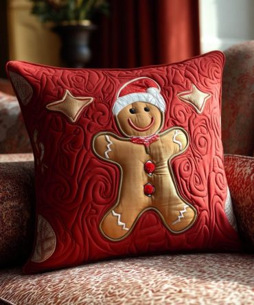 Gingerbread Holiday Quilted Pillow Cover — Cute Gingerbread Man Throw Pillowcase, Festive Kitchen & Living Room Accent, Soft Quilted Cotton