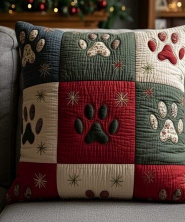 Holiday Paw Quilted Cushion Cover — Cozy Paw Motif For Seasonal Decor, Soft Quilting, Durable Fabric, Hidden Zipper, Machine-Washable Gift For Animal Lovers
