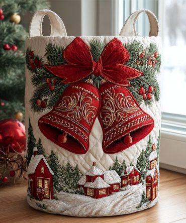 Holiday Bell Quilted Fabric Laundry Hamper — Festive Foldable Laundry Basket With Handles For Christmas Decor & Practical Gift Ideas