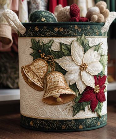 Holiday Bells Quilted Fabric Hamper — Festive Bell Print Laundry Basket, Collapsible Bin With Reinforced Handles & Base