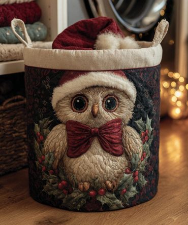 Holiday Bow Festive Owl Quilted Laundry Hamper — Seasonal Quilted Laundry Basket With Charming Owl Print, Sturdy Handles & Collapsible Storage